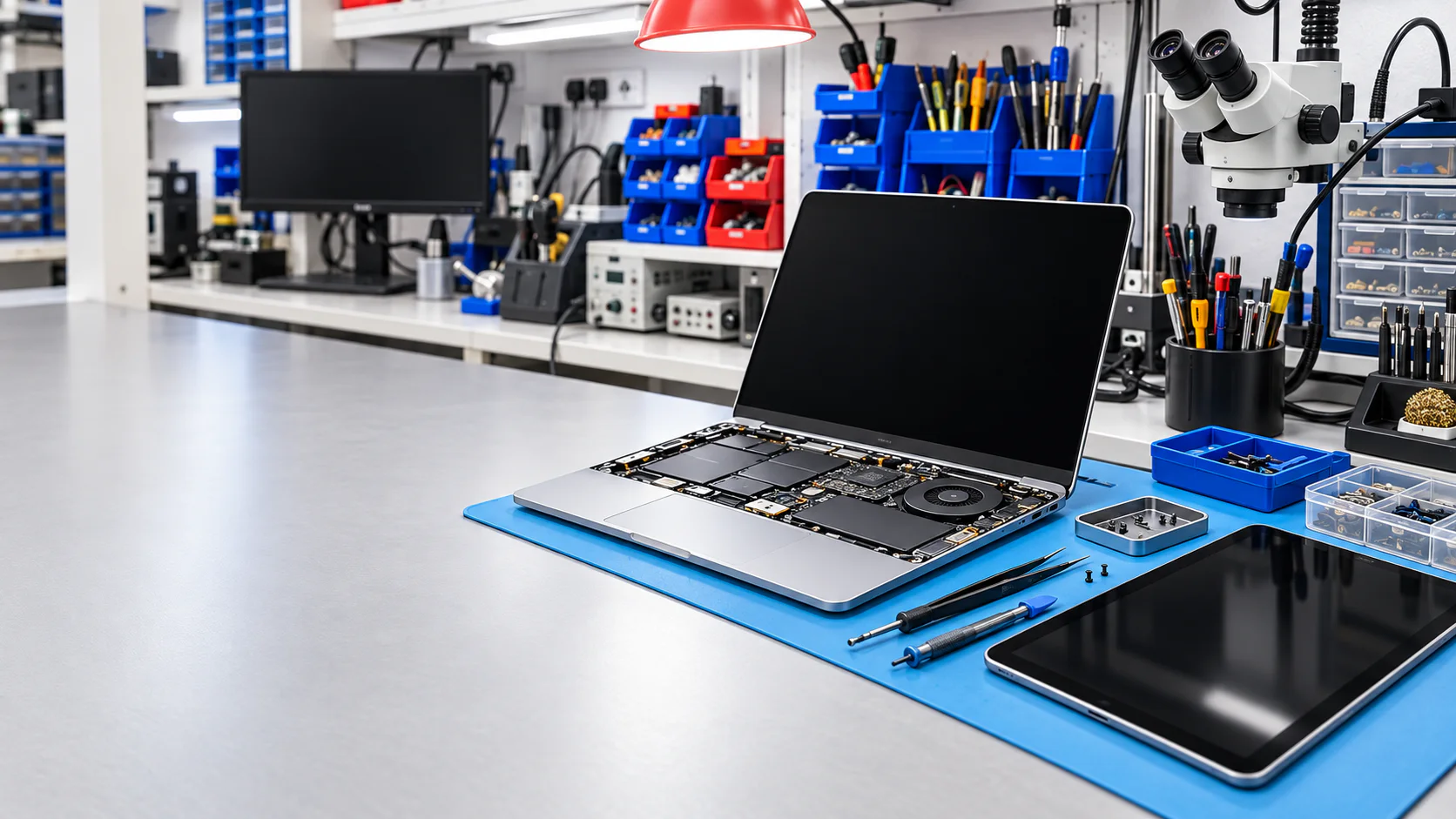 Ilustración generada de portátil y tablet en banco técnico