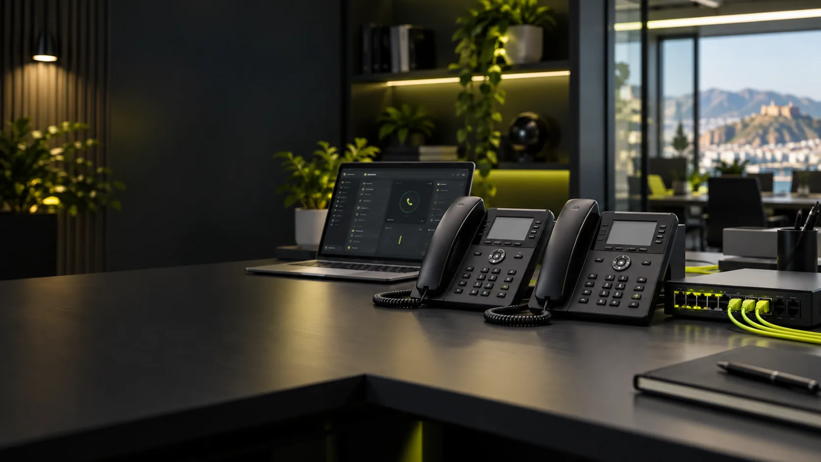 Teléfonos IP y portátil de gestión para comunicaciones de empresa