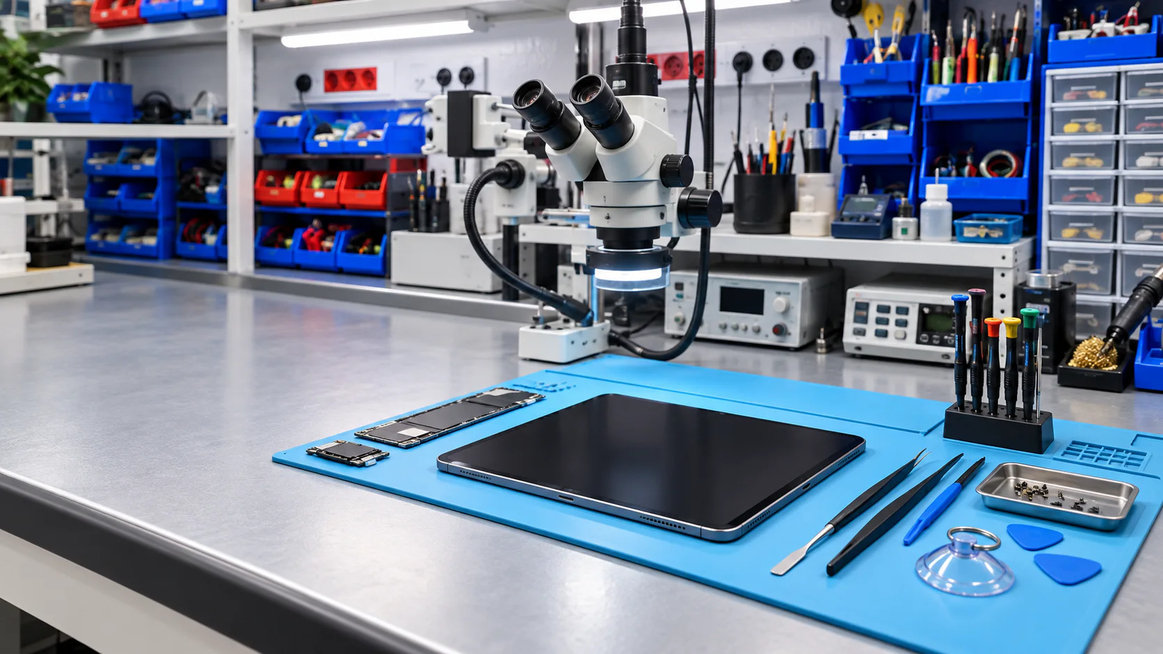 Ilustración generada de una tablet en diagnóstico sobre un banco de microelectrónica