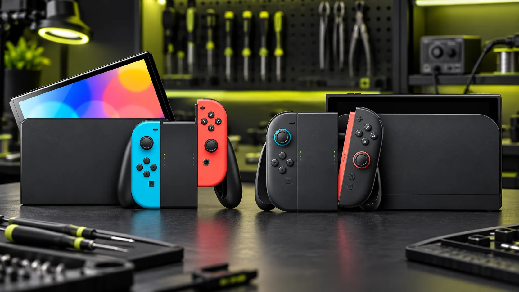 Consolas Nintendo Switch y Joy-Con en un entorno técnico profesional