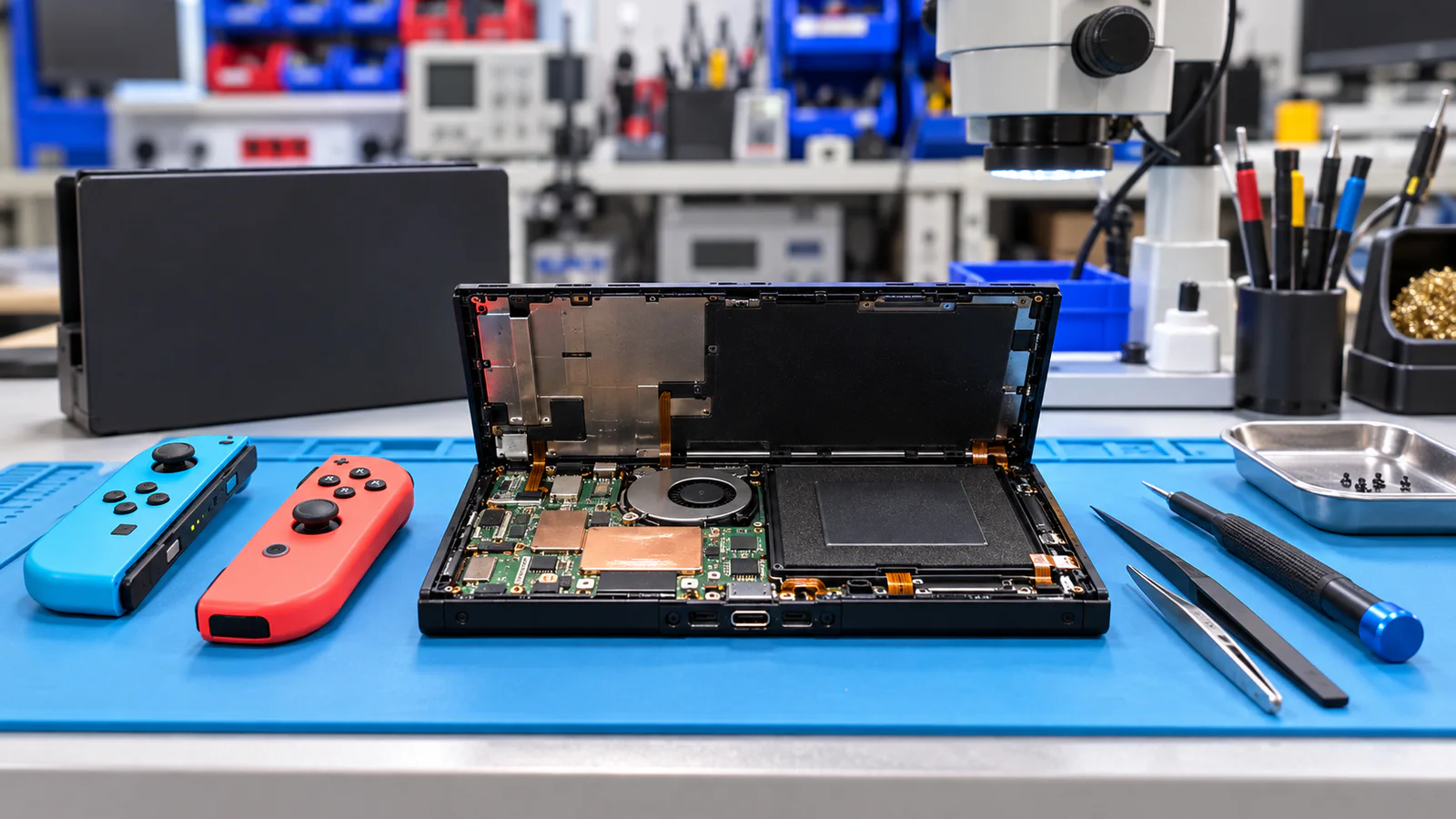 Nintendo Switch abierta durante una reparación técnica en SPC Electrónica