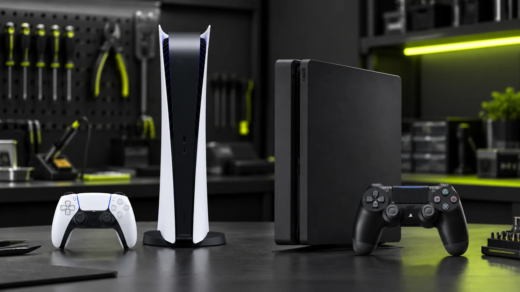 Consolas PlayStation 5 y PlayStation 4 con mandos en un entorno técnico profesional
