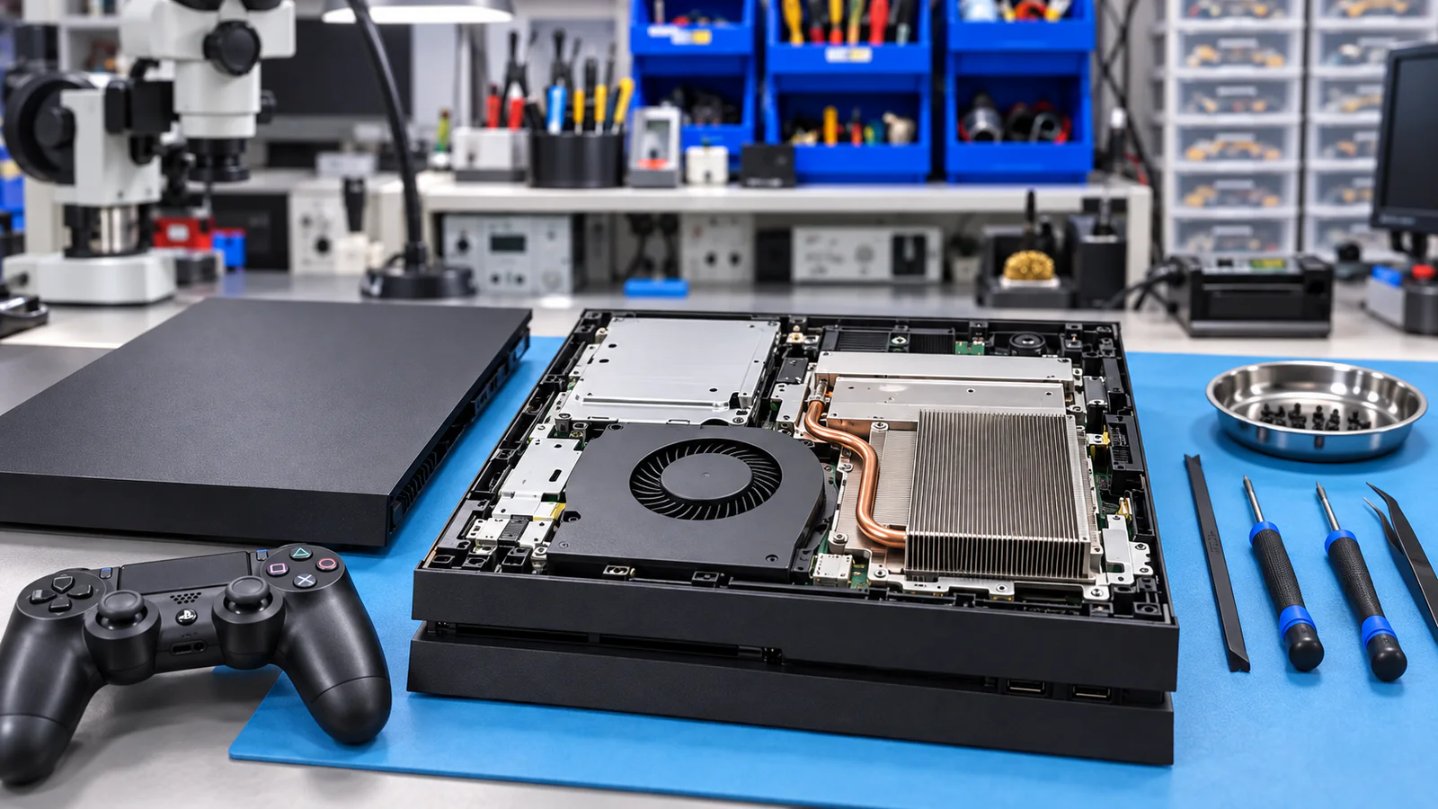 PlayStation 4 abierta para mantenimiento de ventilación y sistema térmico
