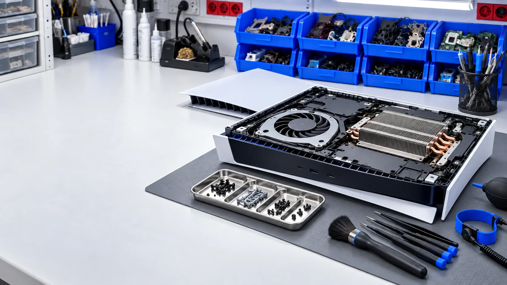 Ilustración de PlayStation 5 abierta para mantenimiento interno en banco técnico de SPC Electrónica