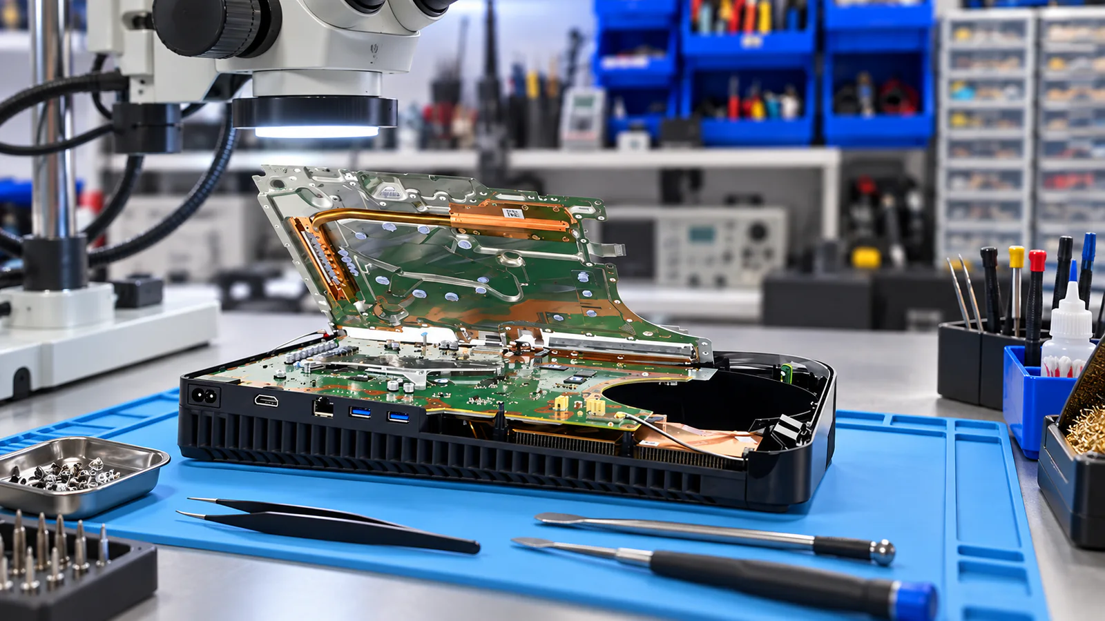 Ilustración técnica de una PS5 para diagnosticar sus conexiones y puertos USB