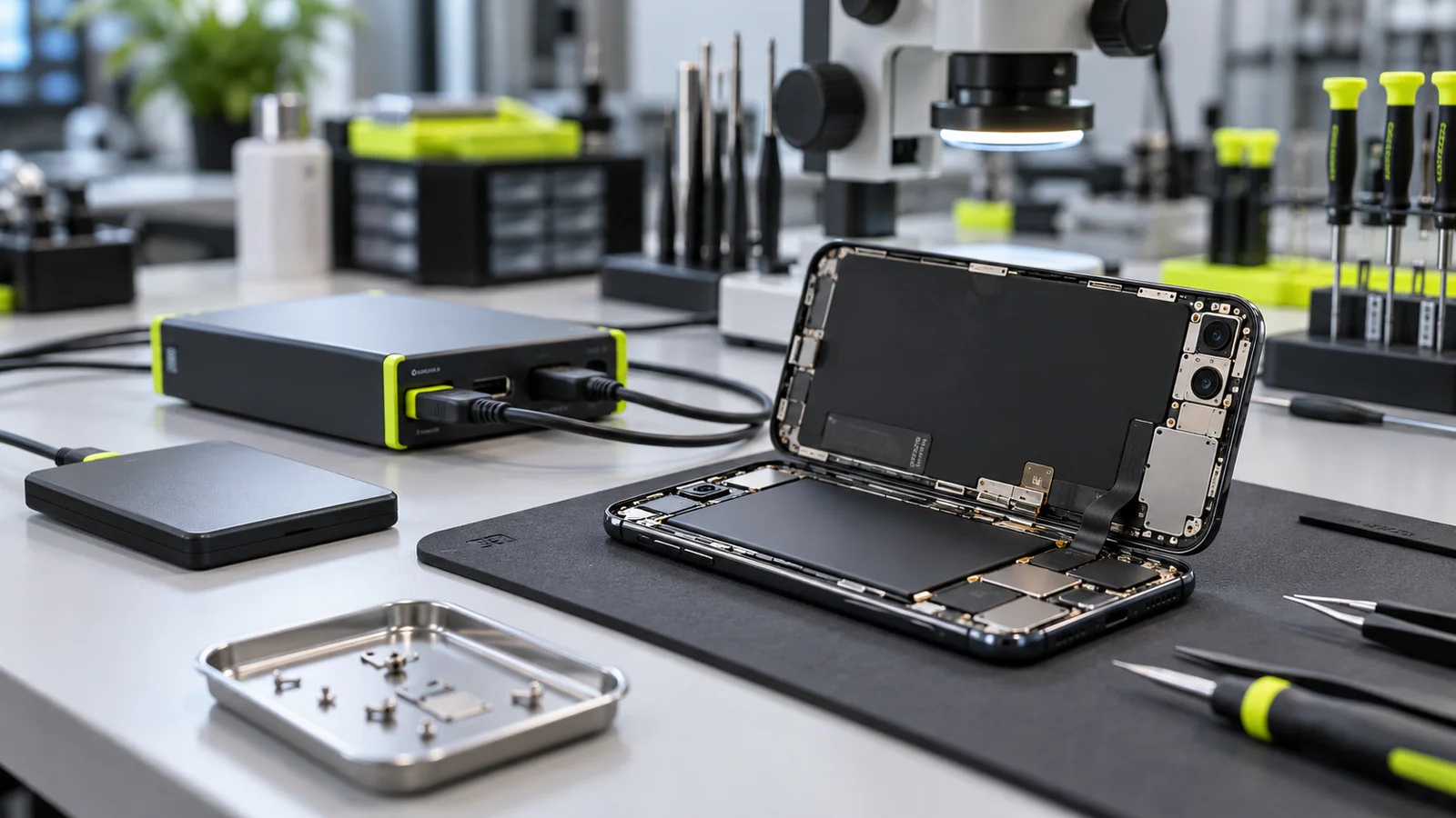 Smartphone abierto junto a equipo de diagnóstico y almacenamiento externo para recuperación de datos