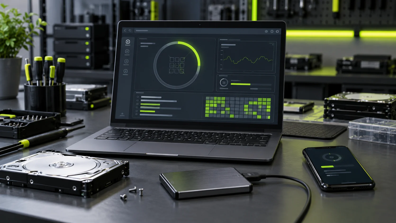 Portátil, disco y SSD preparados para diagnóstico y recuperación de datos