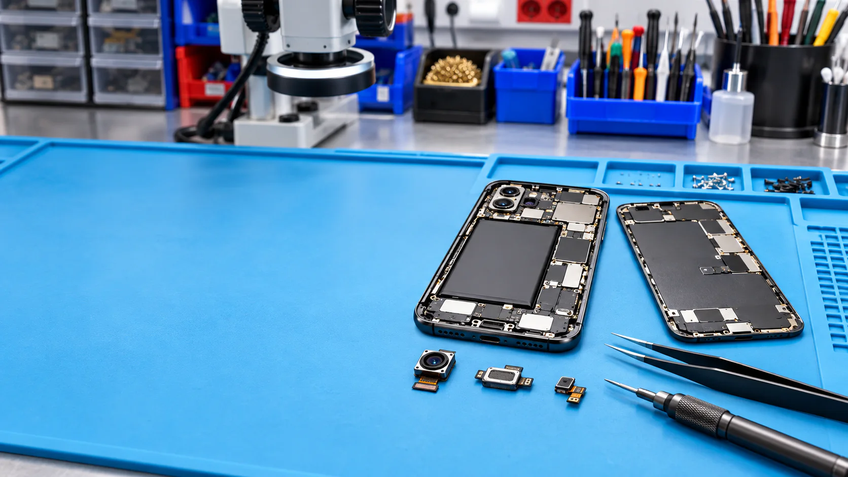 Ilustración generada de smartphone abierto para reparación de cámara y audio