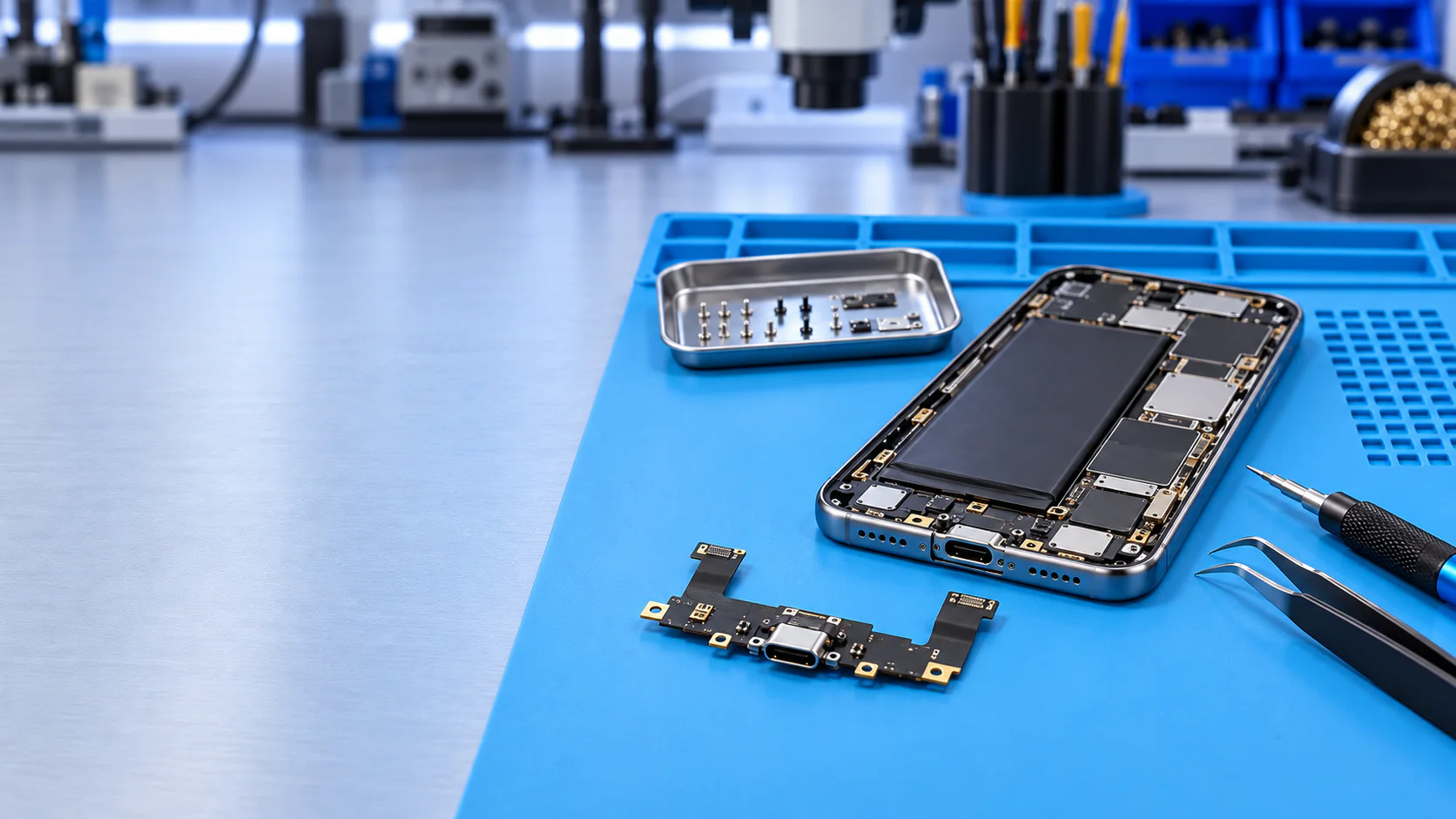Ilustración generada de reparación del conector de carga de smartphone