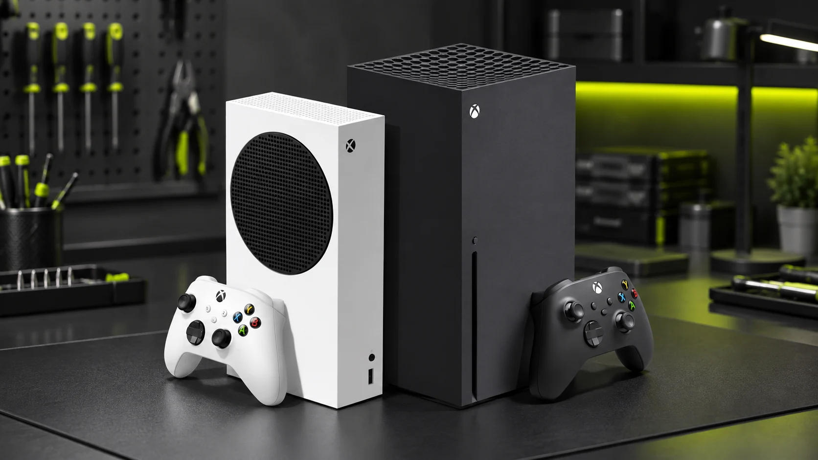 Xbox Series S y Xbox Series X con mandos en un entorno técnico profesional